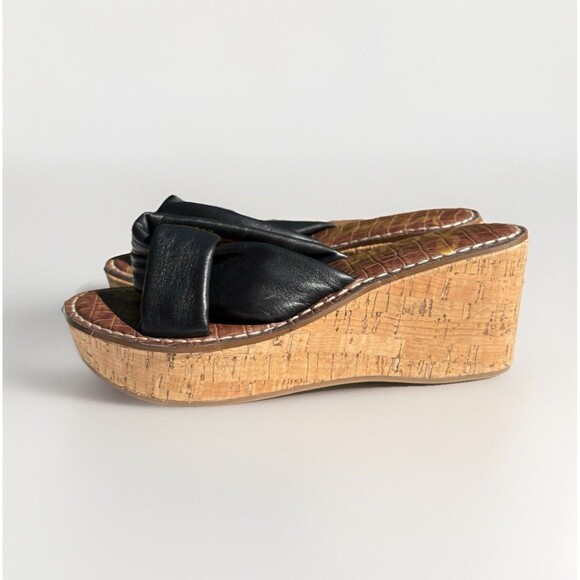 Sam Edelman Ramsey Black Sandals Womens Size 7.5 M Leather Upper Wedge Cork Heel - Picture 1 of 10